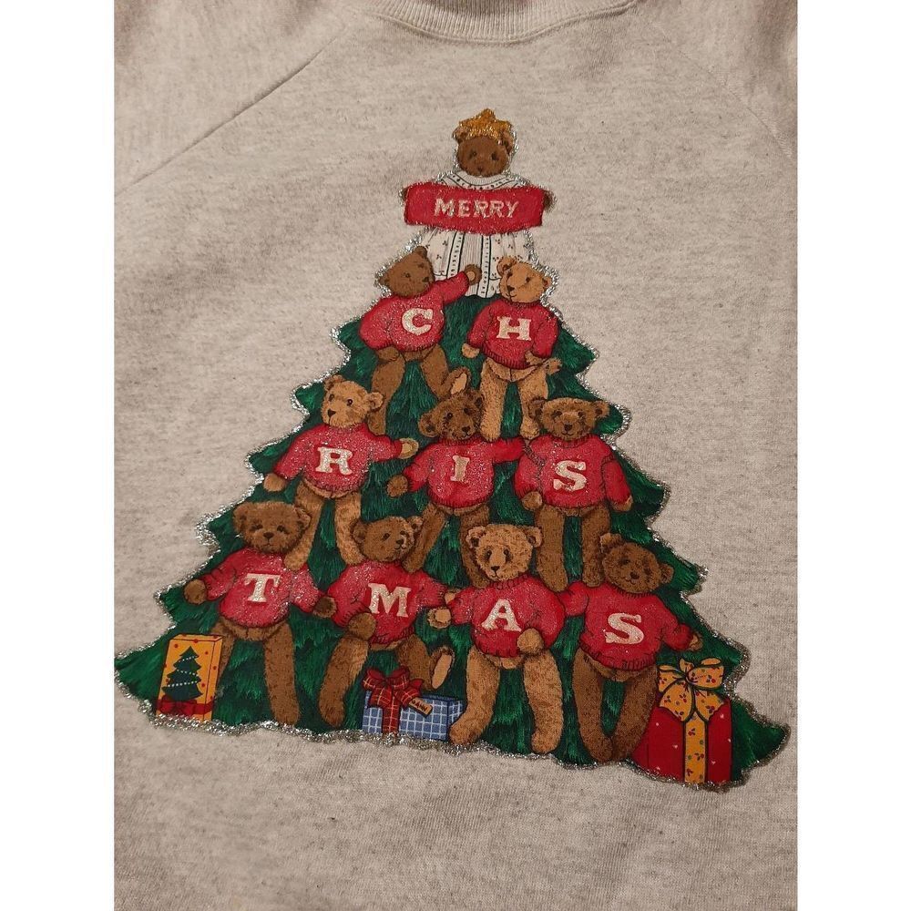 XL Hanes Her Way Handmade Christmas Holiday Long Sleeve Pullover Sweatshirt Bear - Picture 2 of 4